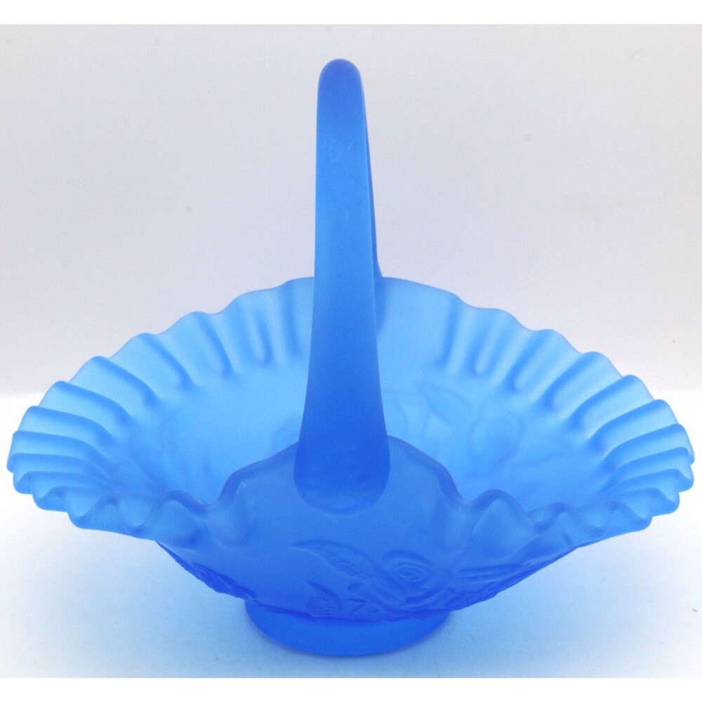 Fenton Basket Blue Satin Glass Ruffle Edge Rose & Trellis Vintage Westmoreland